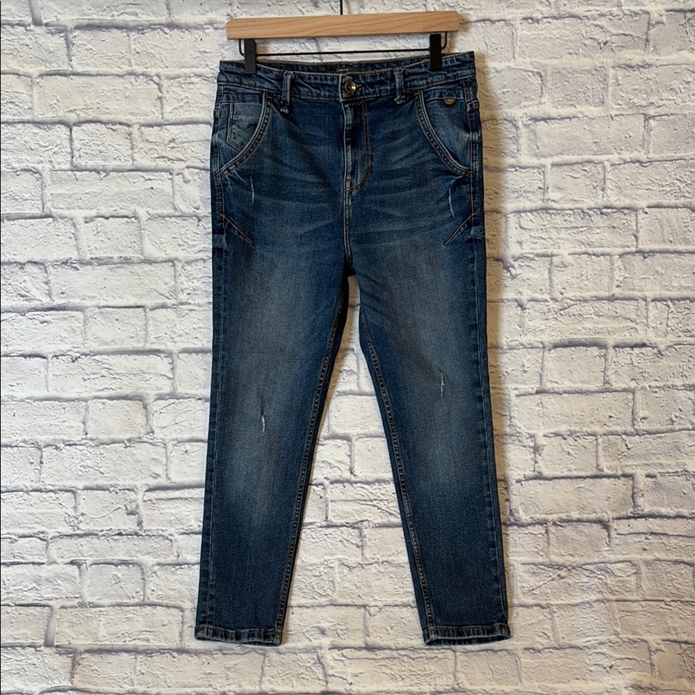 ZARA Man Slim Fit Carrot Top Jeans Distressed Blue Denim Tapered Leg Size 31